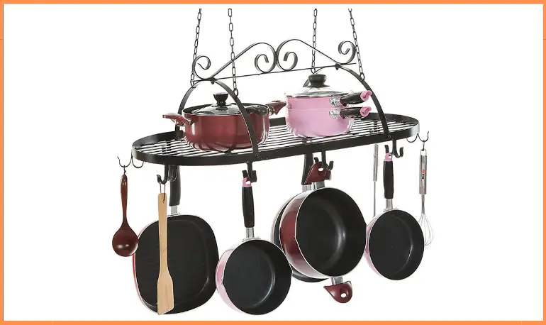 MyGift Black Scrollwork Metal Ceiling Mounted Kitchen Utensil, Pot & Pan Holder